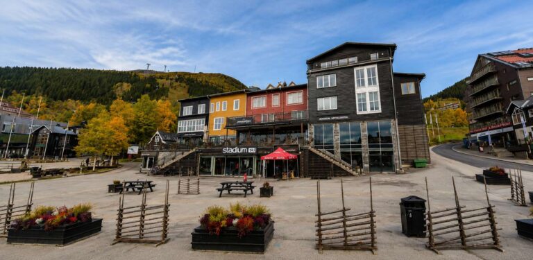 Fasad av en modern byggnad i Åre med träd och berg i bakgrunden.