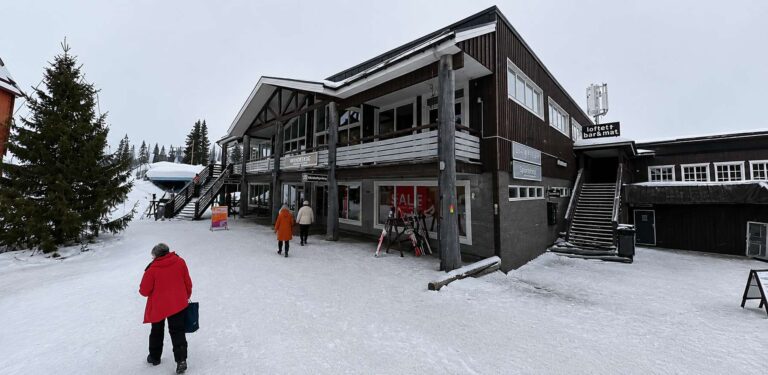 Vintervy på Vemdalen med snöklädda byggnader och personer i vinterkläder.