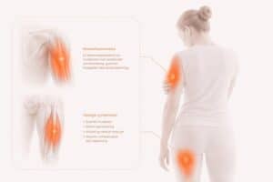Illustration av muskelinflammation och vanliga symptom i kroppen.