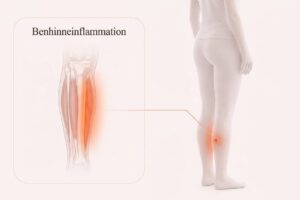Benhinneinflammation med smärtmarkering i smalbenet och närbild av benhinnan.