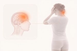 Kvinna håller om spänd nacke, med närbild av hjärnan vid stress och sömnproblem.