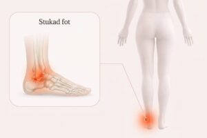 Stukad fotled med smärtmarkering vid ankeln och anatomisk närbild av foten.