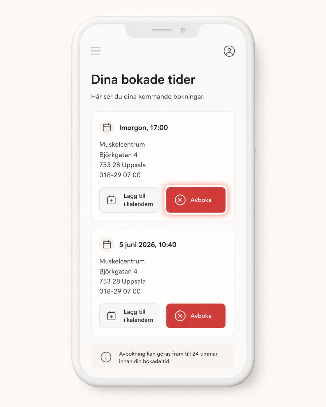 Mobilskärm som visar bokade tider och avbokningsknapp.