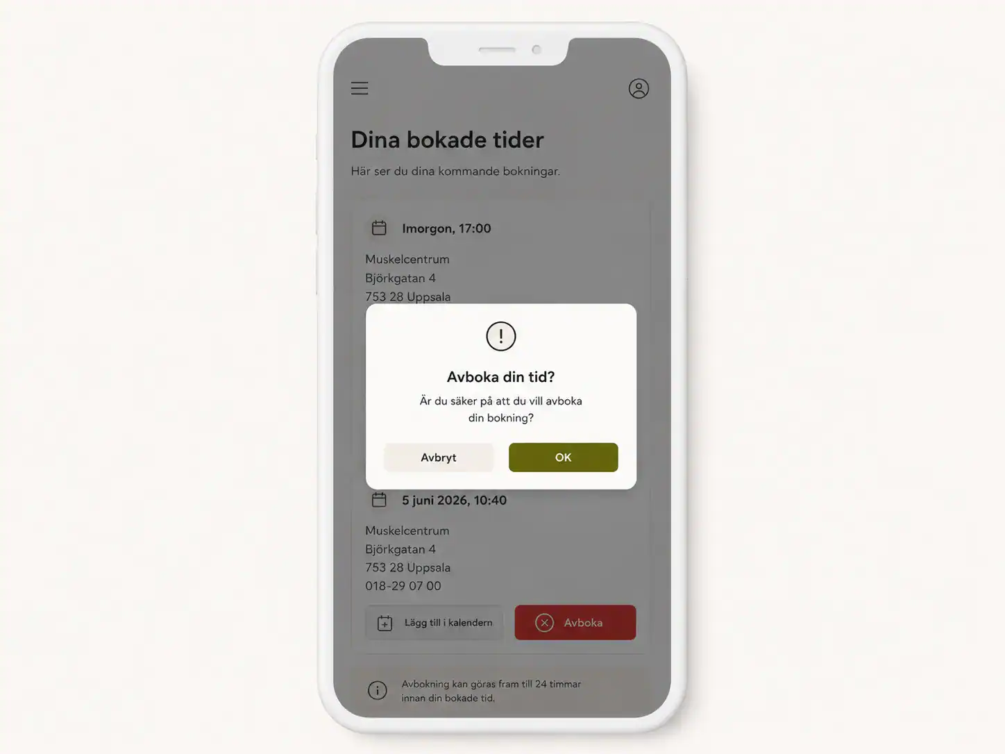 Mobilskärm med bokningsapp för tider hos kiropraktor.
