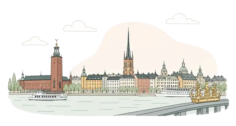 Stockholms stadssilhuett med kyrka och byggnader vid vattnet.
