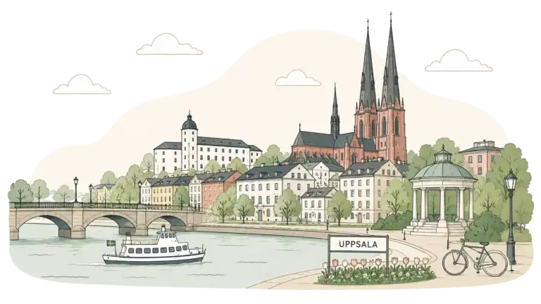 Uppsala stadssilhuett med domkyrka och floden nedanför.