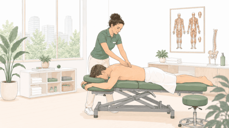 Kvinna får massage på rygg i ett lugnt behandlingsrum.