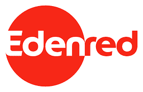 Edenred logotyp i rött med vit text och cirkel.