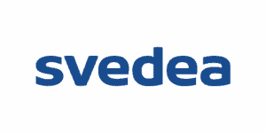 Svedea logotyp i blått på svart bakgrund.