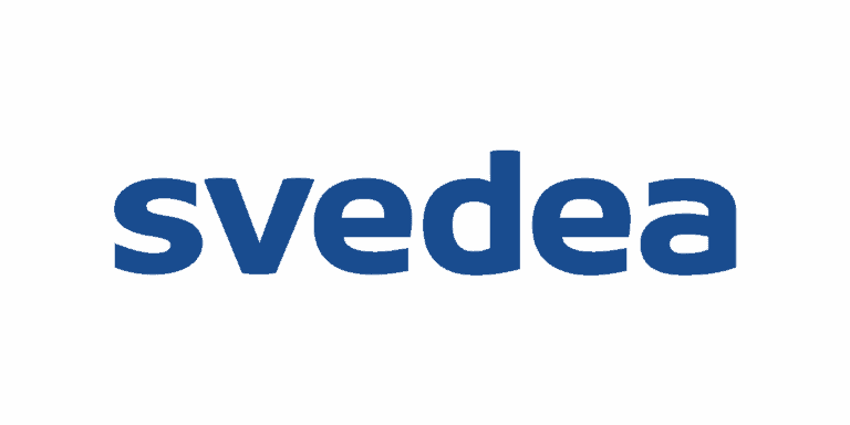 Svedea logotyp i blått på svart bakgrund.