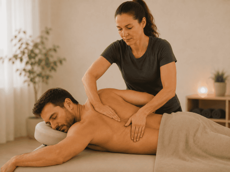 Terapeut ger massage fasciabehandling till manlig klient på massagebänk.