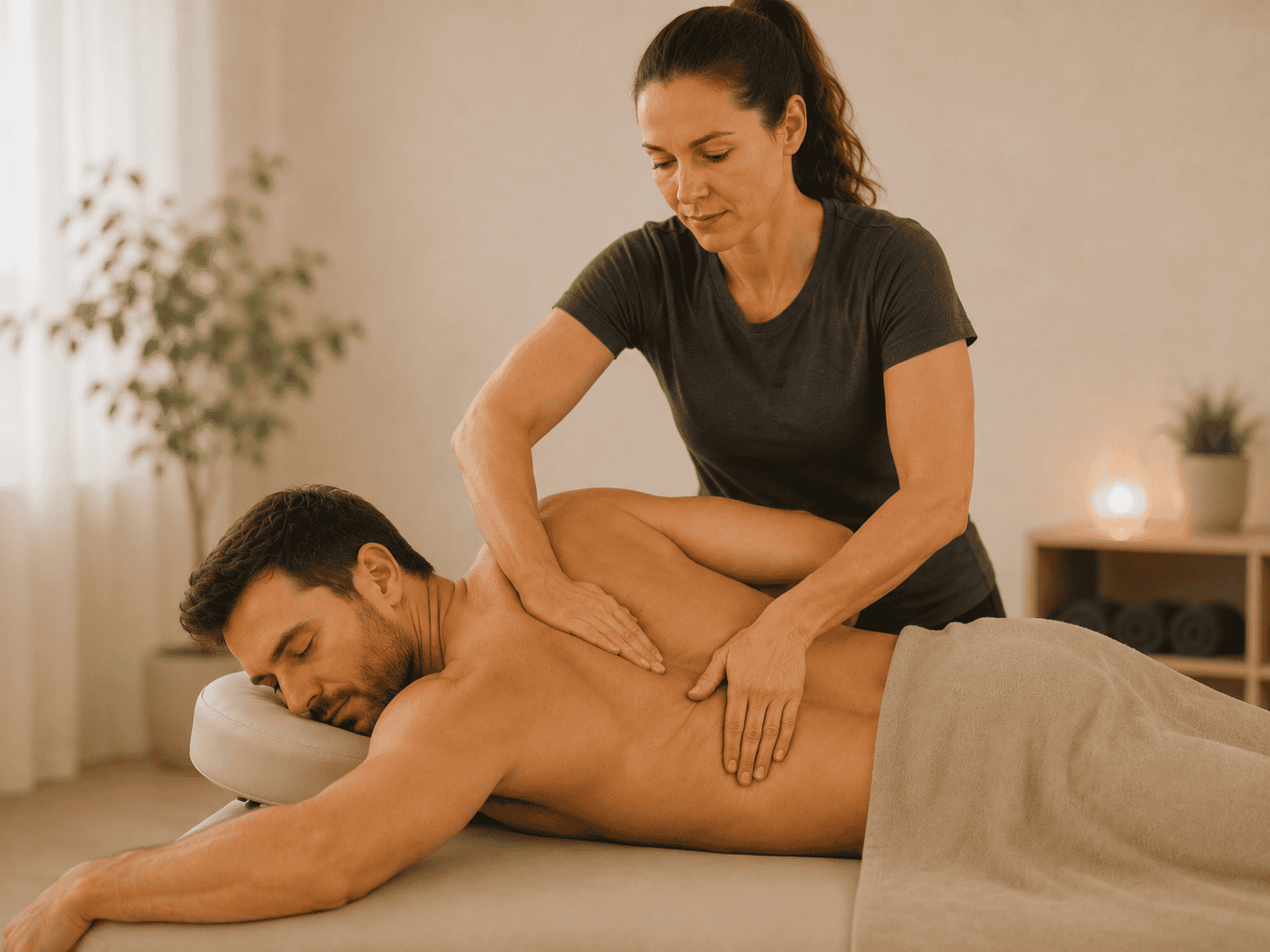 Terapeut ger massage fasciabehandling till manlig klient på massagebänk.