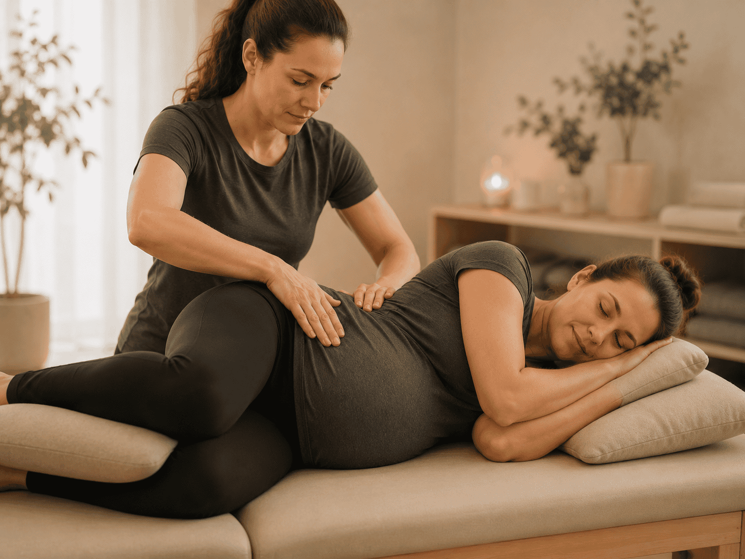 Kvinna får massage på rygg av terapeut i lugn miljö.
