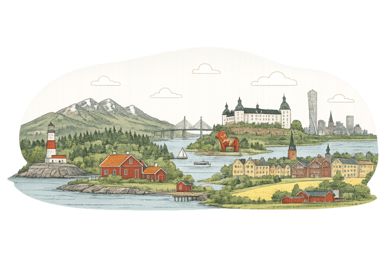 Vacker stadssilhuett med vatten, broar, byggnader och berg i bakgrunden.